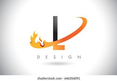 L Letter Logo Design with Fire Flames and Orange Swoosh Vector Illustration.