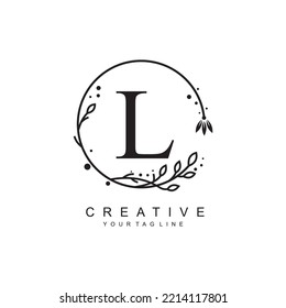 
L letter logo design with floral frame ornaments and circular leaves. the letter L design is beautiful and luxurious. L monogram typography. suitable for beauty, business, company, promotion logo etc