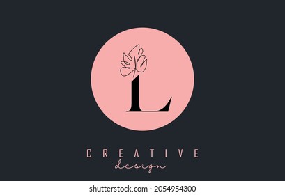 L letter logo design with Monstera leaf one line drawing on a pink circle background vector illustration. Minimalist icon.