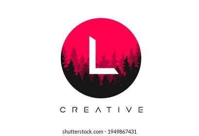 L Letter Logo Design with Pine Forest Vector Shapes and Red Circular shape Color Illustration