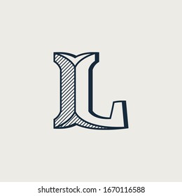 L letter logo in elegant style with diagonal hatching and shadow effect. Vector serif font for barber shop labels, currency posters and bank identity.