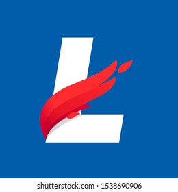 L letter logo with fast speed red bird wing. Typeface, vector design template elements for sport team, shipping, travel etc.