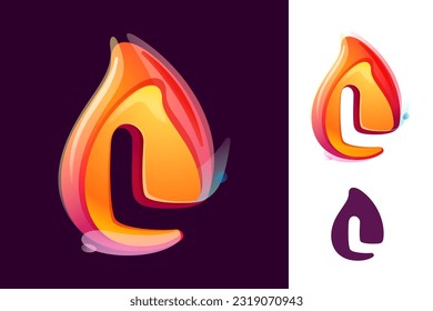 Logo de la letra L en llama de fuego. Espacio negativo icono realista 3D. Vibrante inicial en el estilo de acuarela superpuesto. Fuente de acuarela vectorial para etiquetas de peligro, afiches de advertencia multicolor, identidad deportiva.