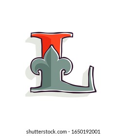 Logotipo de letra L con efecto de impresión de lirio francés y desvío. Típica de suero portador Premium para identidad retro, paquete victoriano, libro antiguo, diploma premium, etc.