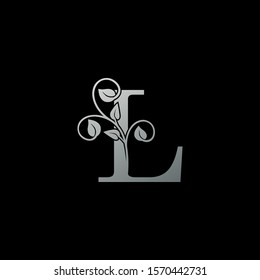 L Letter  logo icon. Monochrome Design concept logo  letter L  with  leaves silver color for initial, fashion, restaurant, cafe, hotel and more brand identity.