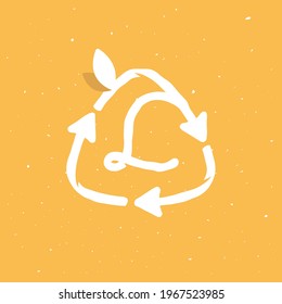 L letter logo inside reuse sign in grunge linear style. Flat design of recycling symbol and leaves for your upcoming eco-friendly and zero waste projects. 