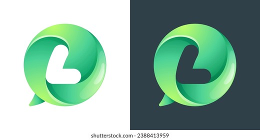 L letter logo inside speech bubble with swirl pattern. Negative space style icon. Colorful gradient emblem for your social media app, call center, online message, feedback icon, telemarketing screen.