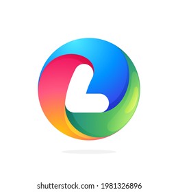 L letter logo inside a swirl loop circle. Negative space style icon. Colorful gradient emblem for your social network app, fun avatar or loading screen.