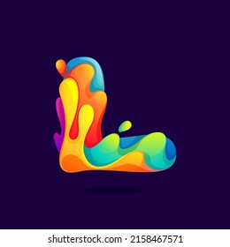 Logo de la letra L con jugo salpicado, olas y gotas. Icono multicolor con brillo y gradientes. Perfecto para el arte positivo, diseño infantil, publicidad vibrante, empaque jugo, identidad colorida.