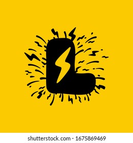 L letter logo with lightning negative space. Hand drawn monochrome vintage style. Perfect type for energy labels, superhero print, rock music posters etc.