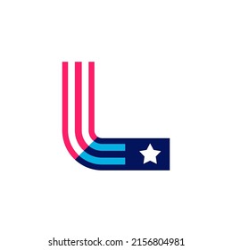 L letter logo made of American Stars and Stripes flag. Vector font for US history and 4th of July celebration in flat style. Perfect for Independence Day cards, invitations, banners.