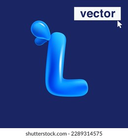 L letter logo made of blue clear water and dew drops. 3D realistic plastic cartoon balloon style. Glossy vector illustration. Perfect for eco-friendly banners, vibrant emblem, healthy food art.