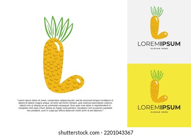 Logo de la letra L hecho de piña. Caligrafía hecha a mano de fruta para identidad agrícola, tarjetas de restaurante, camisetas para niños, huellas de verano, etc