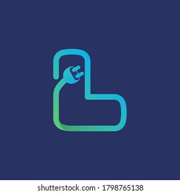 Logo de la letra L hecho de cable de enchufe. Tipo de vectores para la identidad energética, titulares de carga, afiches de coches eléctricos, etc.