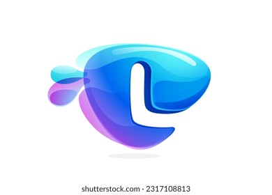 Logo de la letra L hecho de agua de manantial y gotas de rocío. Inicialmente respetuoso con el medio ambiente. Emblema ecológico puro en el estilo acuarela superpuesto. Icono 3D realista en forma de flecha de triángulo redondo. Botón de reproducción vectorial.