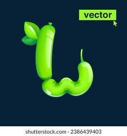 Logo de la letra L hecho de globos retorcidos. Rentabilidad 3D ecológica con hojas verdes. Elementos vectores al estilo de las caricaturas. Banner perfecto para la naturaleza, etiquetas de comida saludable, arte en el jardín y adv de hierba.