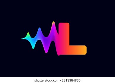 L letter logo with pulse music player element. Vibrant sound wave flow line and glitch effect. Neon gradient icon. Vector template for techno store, electronic music, audio equalizer, DJ posters.