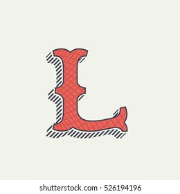 L letter logo. Retro western alphabet with line texture. Slab serif font. Vector vintage typography for your posters, sportswear, club t-shirt, banner, etc.