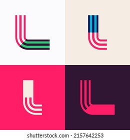 L letter logo set made of overlapping lines. Perfect for applique art, children design, vibrant advertising, mosaic packaging, pattern identity.