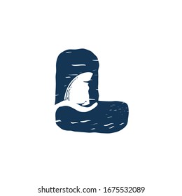 L letter logo with shark's fin. Hand drawn monochrome vintage nautical style. Perfect for clothing labels, apparel print, retro posters etc.