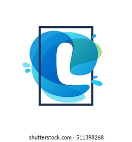 L letter logo in square frame at blue watercolor splash background. Vector ecology typography for your posters, invitations, cards. 