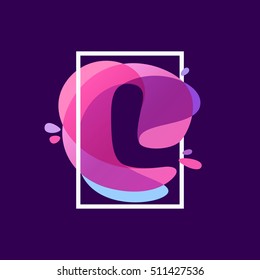L letter logo in square frame at multicolor splash background. Vector typography for your posters, invitations, cards. 
