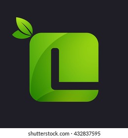 L letter logo with square and green leaves. 