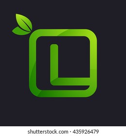 L letter logo in square and green leaves. 