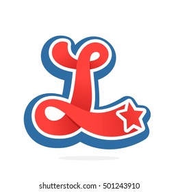 L letter logo with star in vintage baseball style. Sport elements for sportswear, club, t-shirt, banner, card, labels or posters.