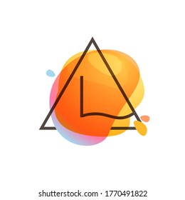 L letter logo in triangle frame at watercolor splash background. Color overlay style. Perfect vector icon for vintage design, funny watercolor posters, geometry labels, etc.