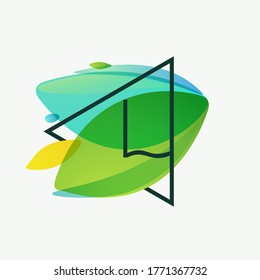 L letter logo in triangle frame at green leaves watercolor background. Vector ecology typeface for botanical labels, landscape headlines, recycle posters, organic cards etc.