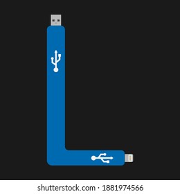 L Letter logo with USB cable isolated in vector illustration on black background.