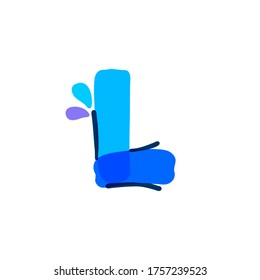 L letter logo with water drops and waves. Handwritten with a felt-tip pen. Vector bold marker font can be used for washing labels, healthcare headlines, pure posters, ecology cards etc.