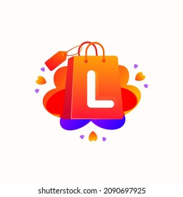 L letter with love shopping bag icon and Sale tag vector element design. L alphabet illustration template for corporate identity, Special offer tag, Super Sale label, sticker, poster etc.