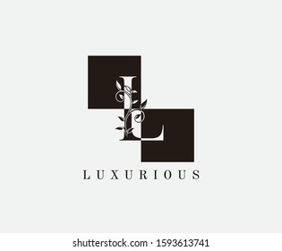 L Letter Luxury Vintage Logo. Minimalist L With Classic Leaves and Square Shape 