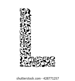 L letter made of musical notes on white background. Alphabet for art school. Trendy font. Graphic decoration.