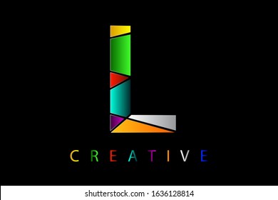 L letter in many colors with broken glass effect. Shattered letter with falling pieces vector illustration for logo, monogram, label, cover, emblem, company name, glass business, firm sign or web page