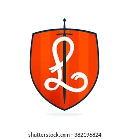 L letter on the sword and shield. Font style, vector design template elements for your application or corporate identity.