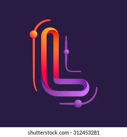 L letter one line with atoms orbits colorful logo. Abstract trendy multicolored vector design template elements for your application or corporate identity.