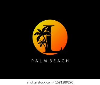 L Letter Palm Tree and Sun Set Logo Icon. Perfect for surfing shop, sport, Tour and Travel. Initial L with sunset and palm tree.