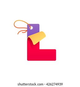 L letter with paper folded corner and sale tag. Vector paper style typeface for best price tag. Sale sticker icon for card, special offer tag, corporate identity, label or poster.