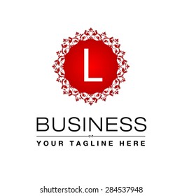 L letter Red Luxury Logo template flourishes calligraphic elegant ornament lines. Business sign, identity for Restaurant, Royalty, Cafe, Hotel, Heraldic, Jewelry, Fashion and other vector illustration
