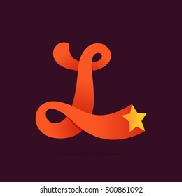 L letter ribbon logo with golden star. Vector vintage elements for posters, t-shirts and cards.