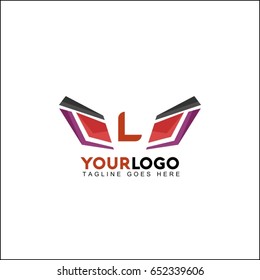 L letter symbol identity, abstract wing reflect logo, double infinity loop logo design template. Beauty eye violet and red concept.