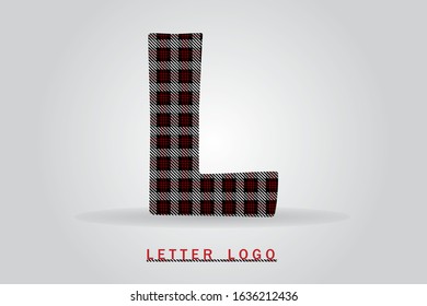 L letter with tartan pattern vector illustration. Textile fabric letter for logo, label, card, print, brochure, flyer, textile business title, sewing concept, clothing store or web page design.