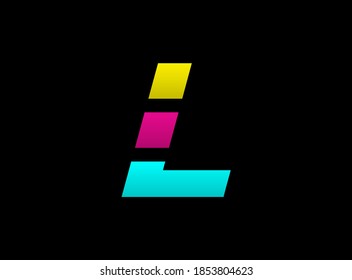 L letter vector desing, Cmyk color font logo, . Dynamic split blue, pink, yellow color on black background. For social media,design elements, creative poster, web template                       
