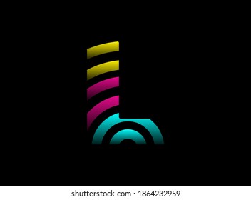 L letter vector desing, Cmyk color font logo. Dynamic split pink, blue, yellow color on black background. For social media,design elements, creative poster, web template    


