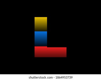 Diseño vectorial de letras L, logotipo de tipos de letra. Color rojo, azul y amarillo dinámico dividido sobre fondo negro. Para medios sociales, elementos de diseño, afiche creativo, plantilla web    


