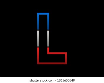 L letter vector desing, outline stroke font logo. Dynamic split grey,  blue color on black background. For social media,design elements, creative poster, web template and more


