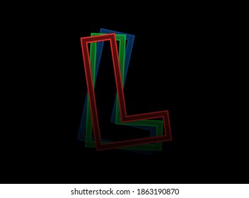 L letter vector desing, Rgb color font logo. Dynamic split red, green, blue color, outline stroke layer style on black background. For social media,design elements, creative poster, web template    